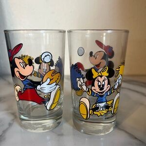 Vintage Disney Mickey and Minnie Glass Set Cheerleader and Baseball Player